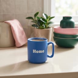 Single matte blue ceramic mug with "Home" written in white letters, on a white background. - view 1