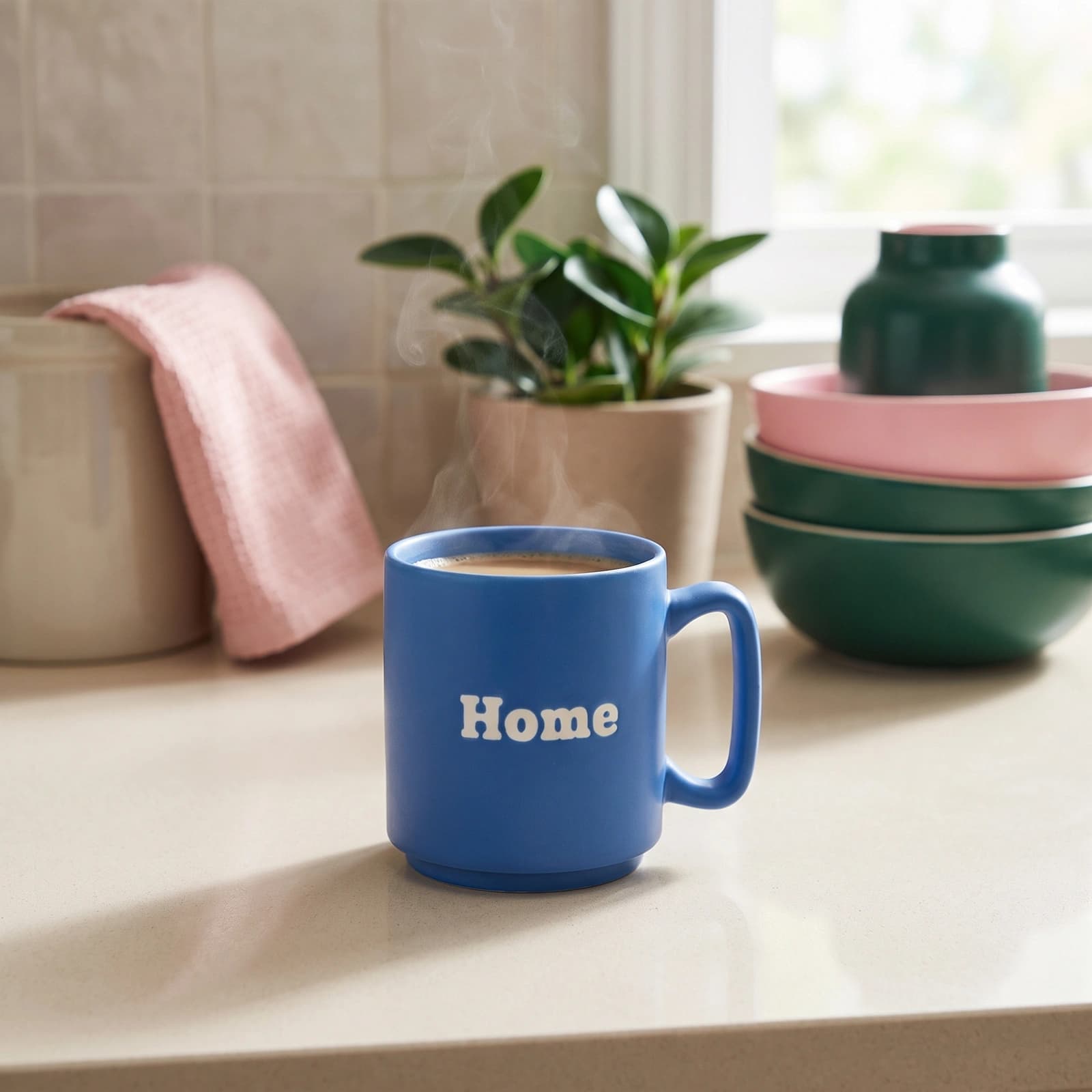 Single matte blue ceramic mug with "Home" written in white letters, on a white background.