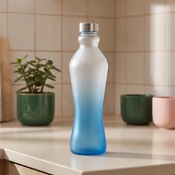 Frosted glass water bottle with a blue gradient bottom and a silver metallic cap on a white shelf. - view 1