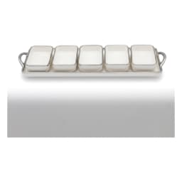 Cream porcelain serving set with five square bowls and a rectangular tray, all with silver trim, on a white background. - view 2