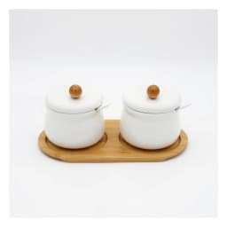 White Porcelain Condiment Jar Set with Wood Tray & Spoon - view 2