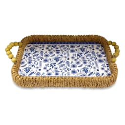 Two rectangular woven khous serving trays with blue floral plastic liners and wooden bead handles on a wooden coffee table. - view 4