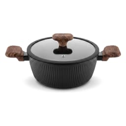 Black ceramic casserole pot with ribbed texture, glass lid, and wood-look ceramic handles, shown in its packaging. - view 3