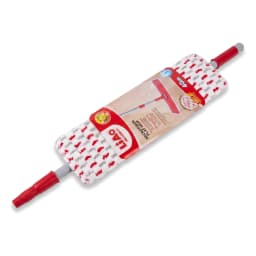 Red and white 40cm microfiber flat mop with a grey handle, shown in its packaging on a white background. - view 2