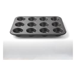 Dark grey 12-cup non-stick metal muffin and cupcake baking pan on a white shelf - view 2