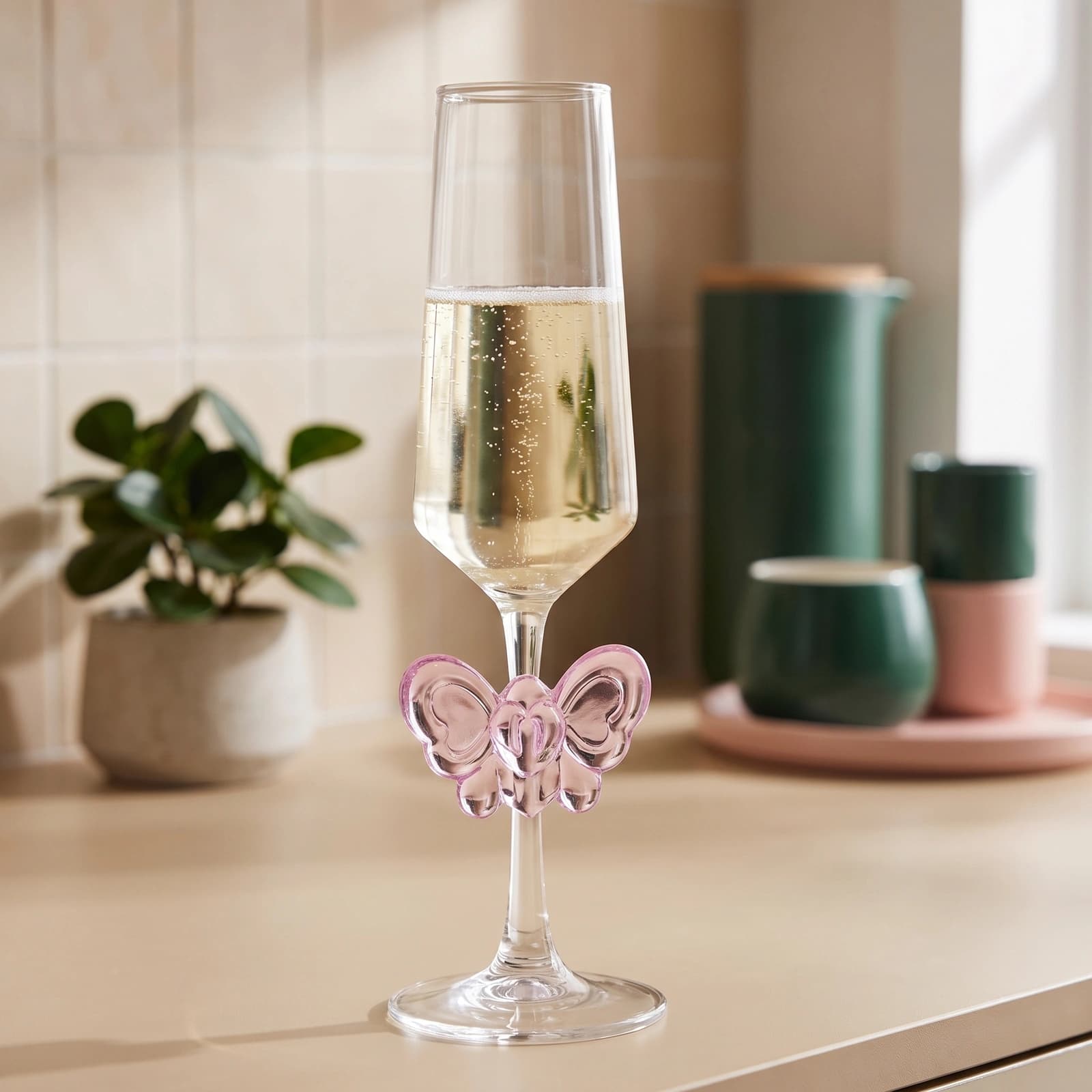 Clear glass champagne flute with a slender stem and base, featuring a translucent pink butterfly decoration on the stem.