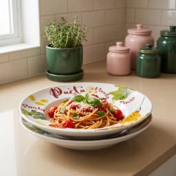 Two white porcelain deep plates with colorful pasta, tomato, mushroom, and parsley illustrations, stacked on a white backgro… - view 3