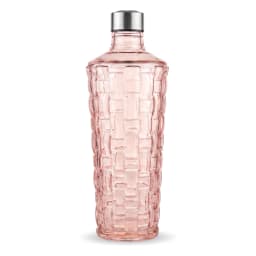 Single pink tinted glass water bottle with a textured woven pattern and a silver cap on a white shelf. - view 2