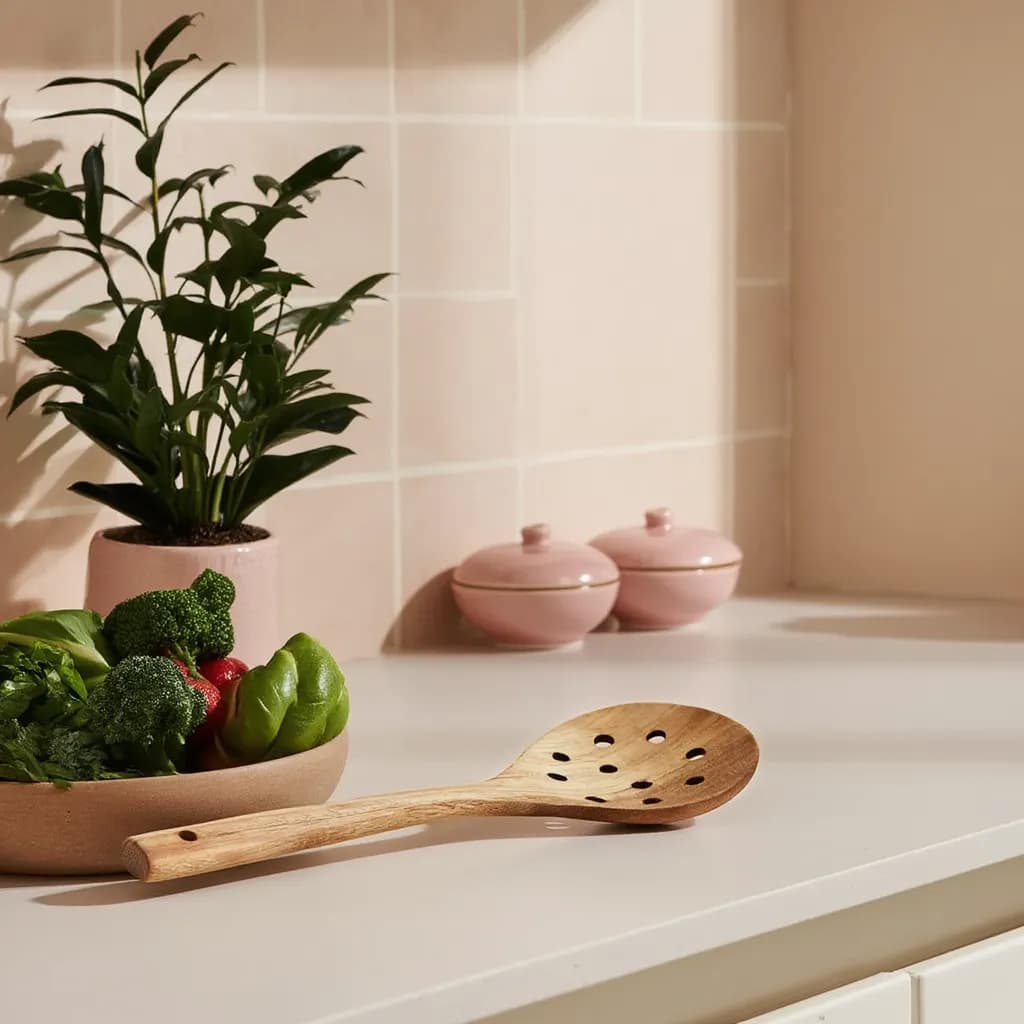 Light brown wooden slotted spoon with multiple drainage holes and a hanging hole on the handle, on a white background.
