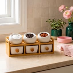 Porcelain Spice Jars & Drawers Set - 6 Pcs White & Bamboo - view 3