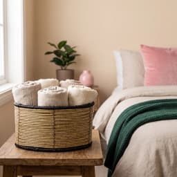 Single light brown woven natural fiber storage basket with black coiled trim on top and bottom edges, on a white background. - view 4