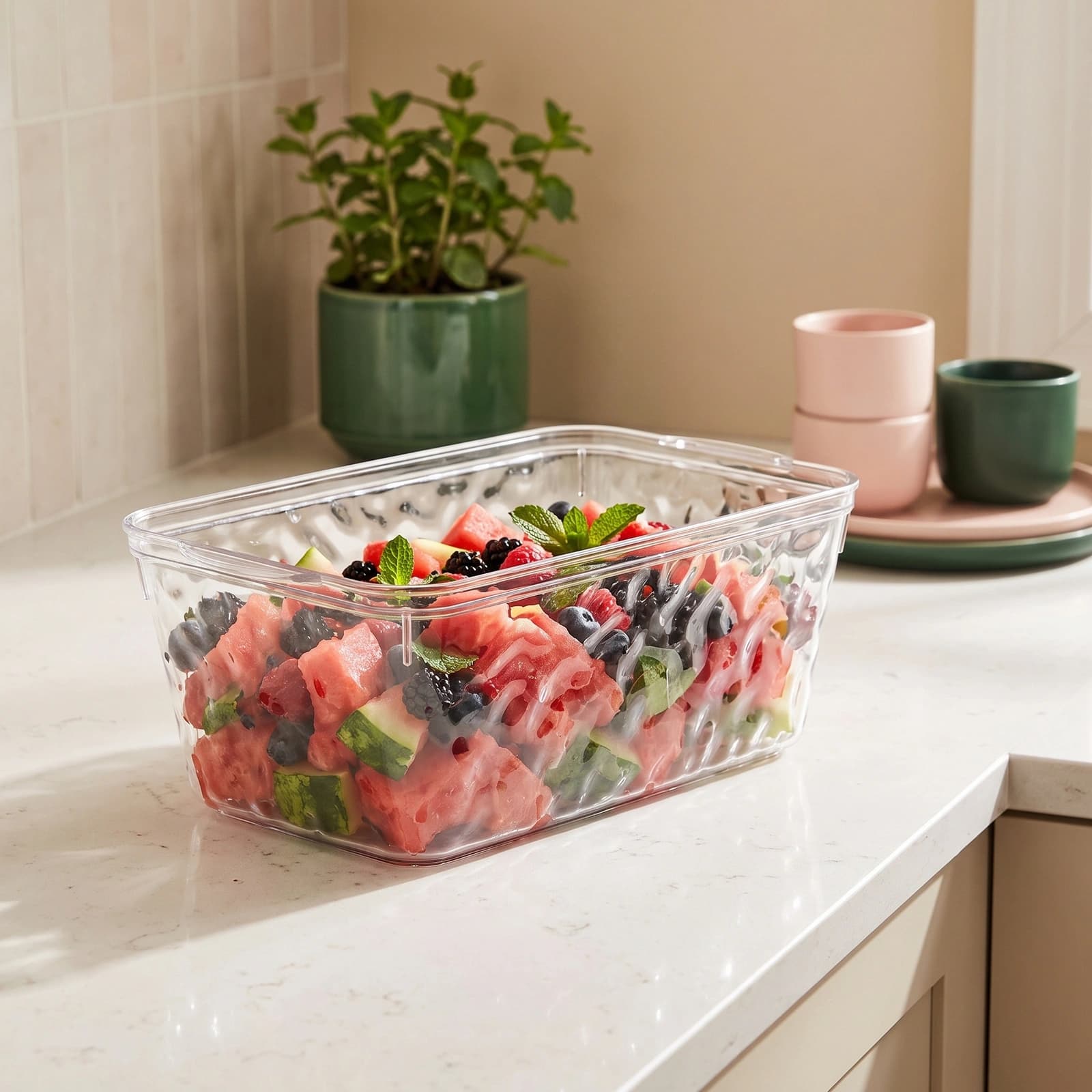 Clear rectangular acrylic storage container with textured sides on a white background