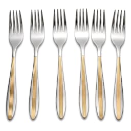 Six silver stainless steel dinner forks with gold ribbed handles, arranged in a row on a white background. - view 2