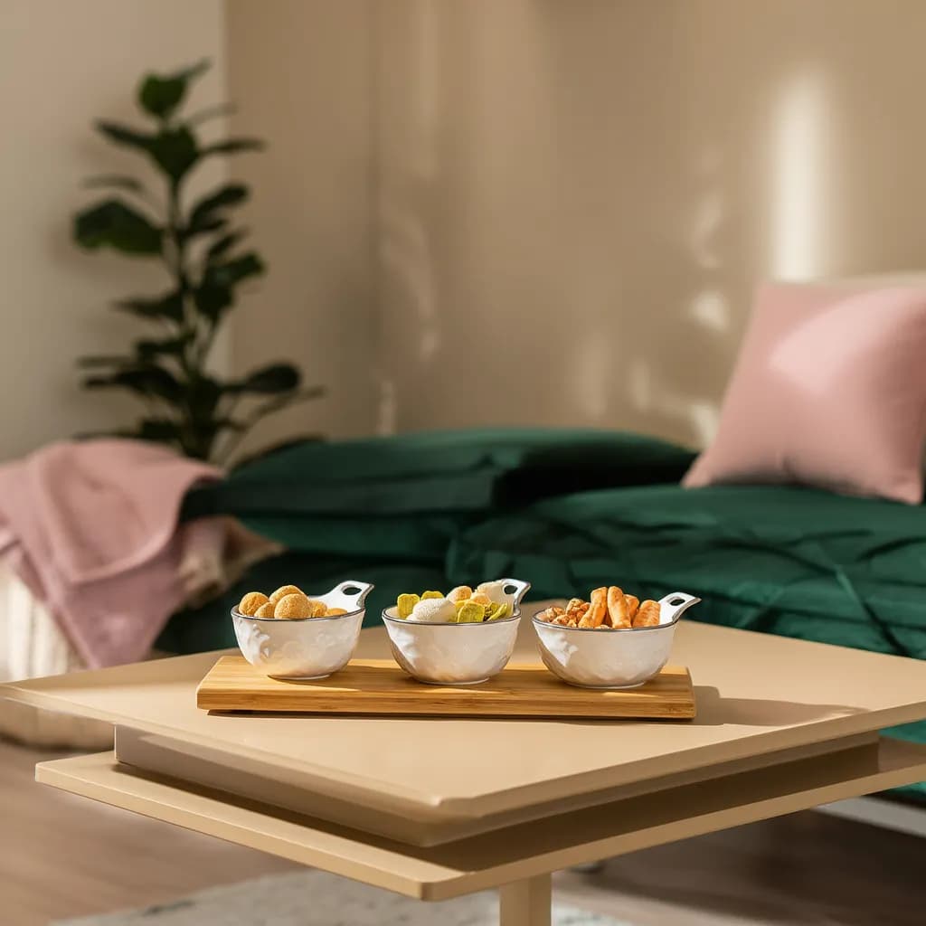 Porcelain Serving Bowls Set of 3 with Wood Tray - White