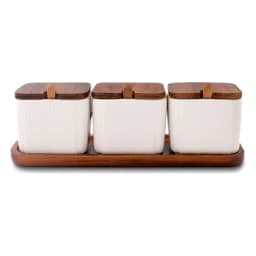 Set of 3 porcelain Storage Jars with Wood Lids & Tray - White - view 3