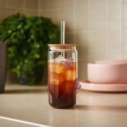 Clear glass can-shaped cup with two iridescent purple butterfly decals, a bamboo lid, and a clear glass straw with a small p… - view 1