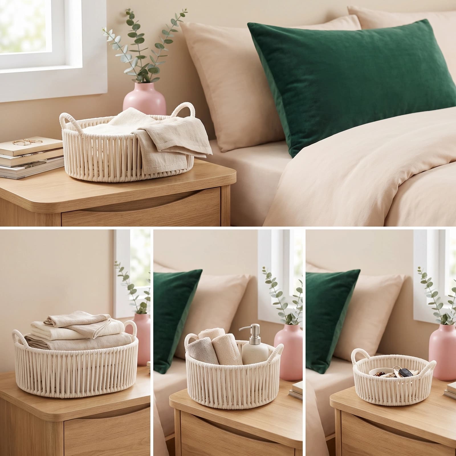 Three cream-colored oval khous nested storage baskets with integrated handles, stacked on a white background.