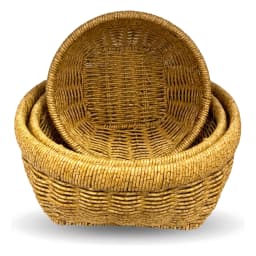 Three oval khous storage baskets in natural yellowish-brown color, varying in size, on a white background. - view 6