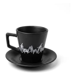 Complete 17-piece black ceramic coffee and tea set on a dark wooden tray with a black metal stand, white background. - view 5