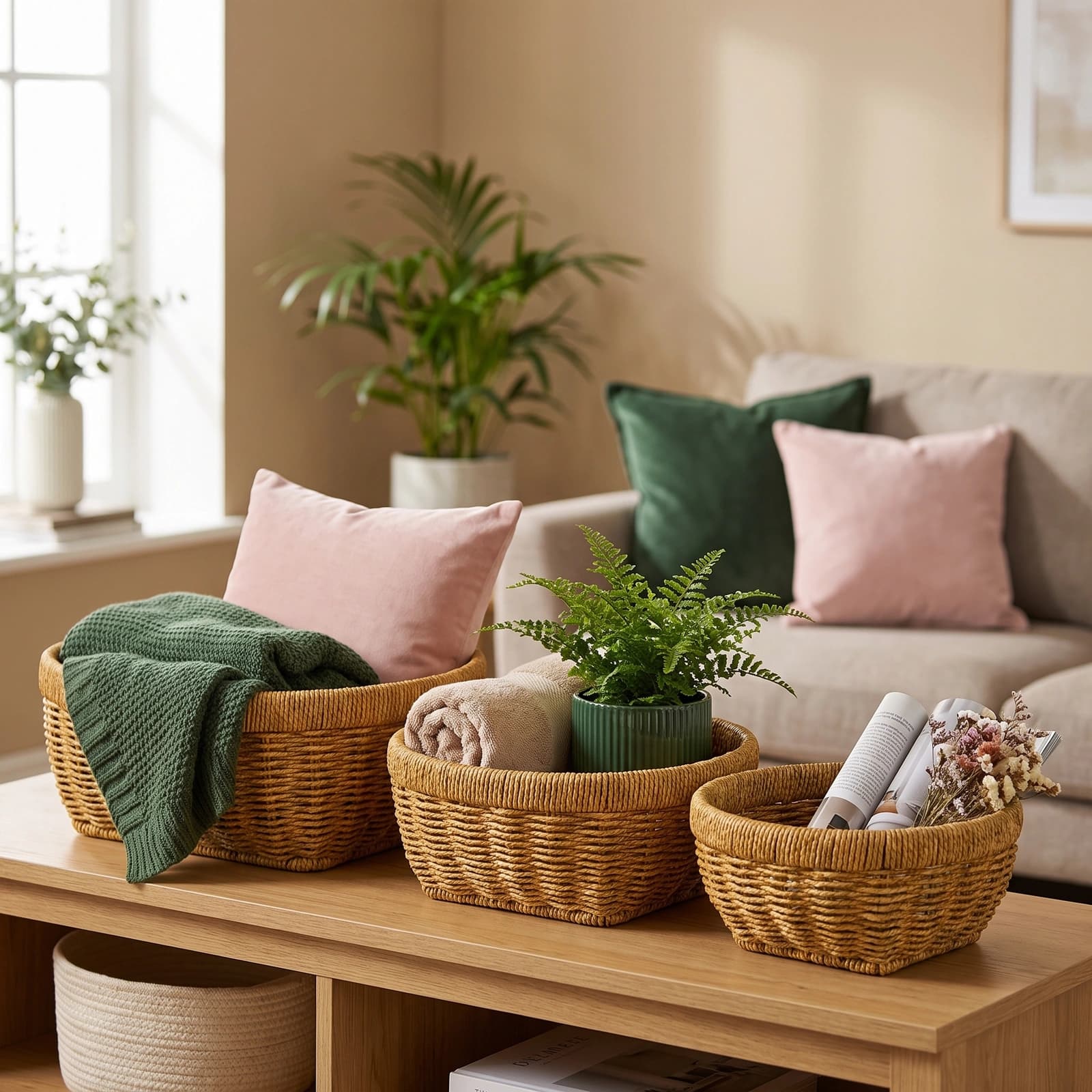 Three oval khous storage baskets in natural yellowish-brown color, varying in size, on a white background.