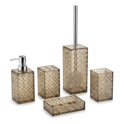 Five-piece smoky grey glass bathroom accessory set with diamond texture including soap dispenser, toilet brush holder, two c… - view 2