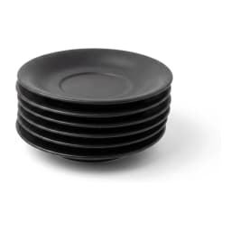 Complete 17-piece black ceramic coffee and tea set on a dark wooden tray with a black metal stand, white background. - view 4
