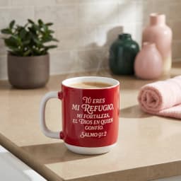 Red and white ceramic mug with a white handle and base, featuring a white inspirational Spanish quote on a white background. - view 1