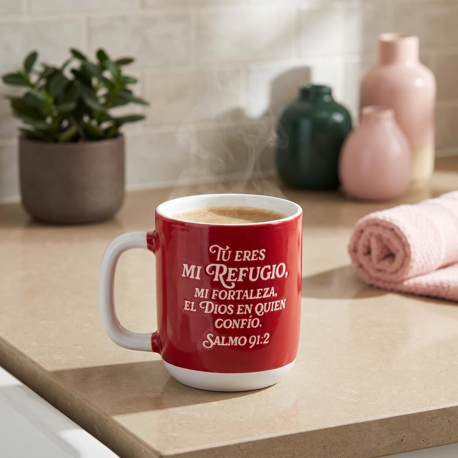 Red and white ceramic mug with a white handle and base, featuring a white inspirational Spanish quote on a white background.