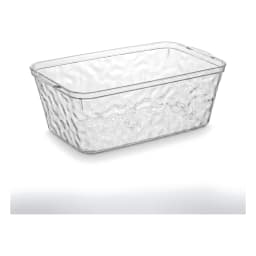 Clear rectangular acrylic storage container with textured sides on a white background - view 2