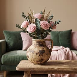 Rustic beige and brown porcelain decorative jug with a handle, holding pink roses and eucalyptus leaves on a wooden table. - view 1