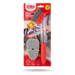Red plastic soap dispensing dish brush set with a grey bristle head and an interchangeable grey and yellow sponge head. - view 2