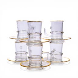 Clear glass mug with a handle and matching round glass saucer, both featuring a delicate gold rim, on a white background. - view 3