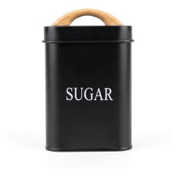 Matte black metal kitchen storage set with three small canisters labeled Sugar, Coffee, Tea, and a large bread box, all with… - view 3