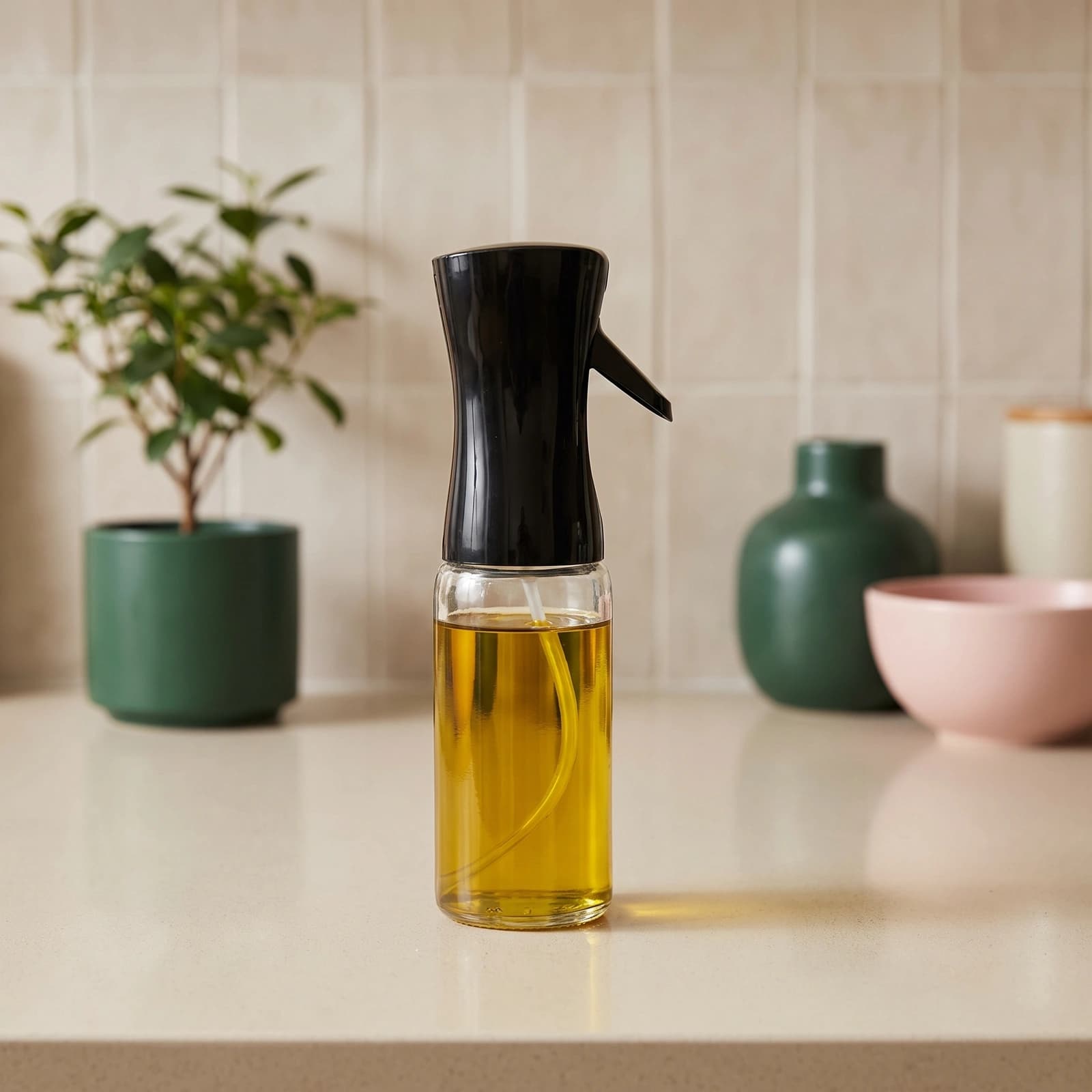 Clear glass oil spray bottle with a black plastic pump top and white internal tube on a white background.