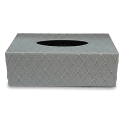 Rectangular tissue box cover with a brown wood grain top and grey leather sides featuring an embossed diamond pattern on a w… - view 3