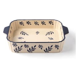Cream porcelain rectangular baking dish with dark blue leaf pattern and handles, 13 inches, on a white surface. - view 3