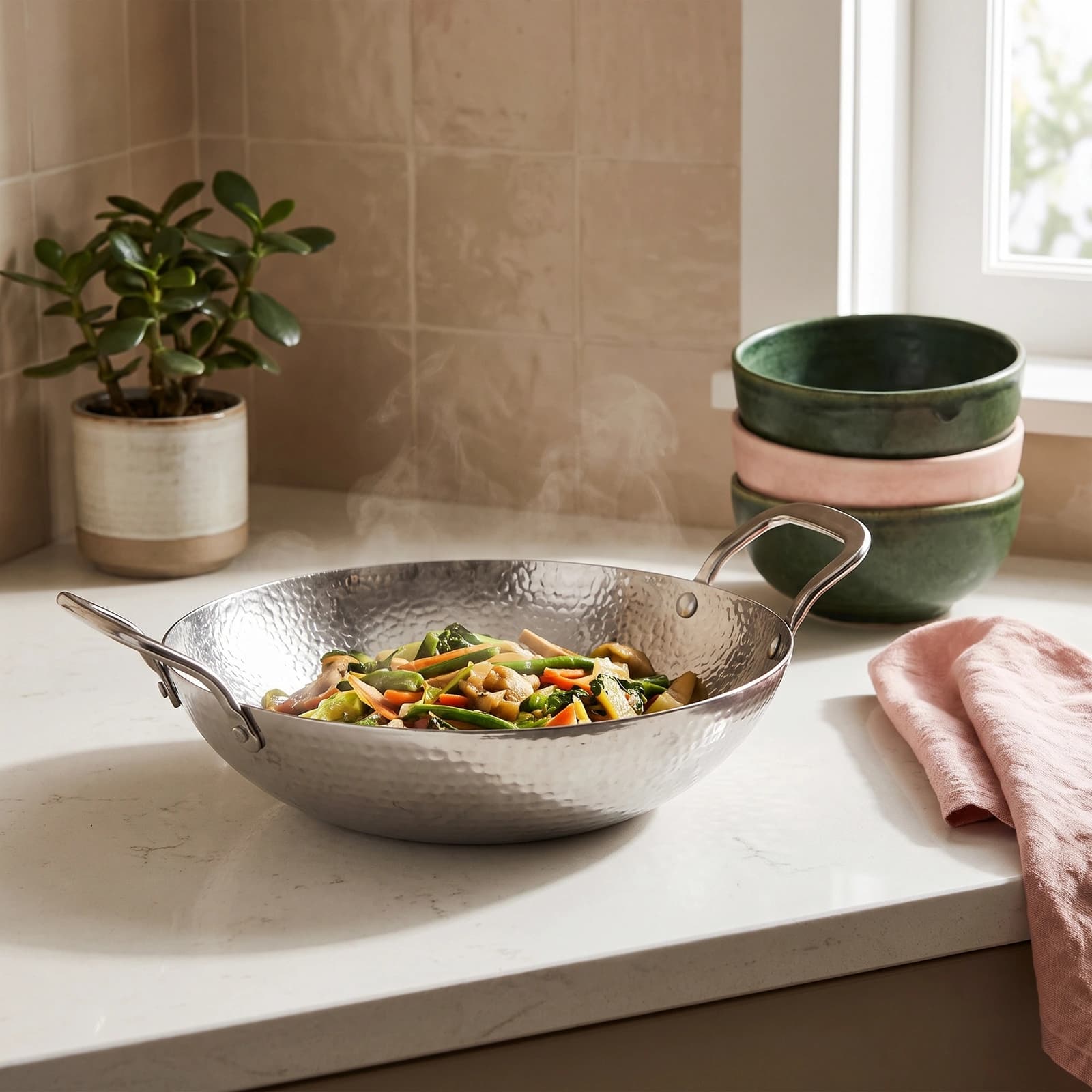 Small hammered dark grey metal wok filled with steaming stir-fried vegetables on a kitchen counter