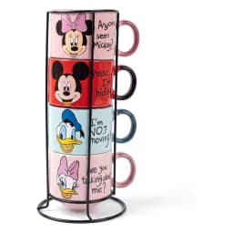 Four assorted ceramic mugs with Disney characters: Minnie Mouse (pink), Mickey Mouse (red), Goofy (light blue), Daisy Duck (… - view 3