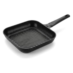Black square granite grill pan with a long black handle and ridged cooking surface on a white background. - view 2
