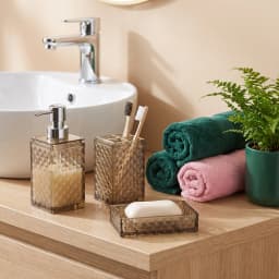 Five-piece smoky grey glass bathroom accessory set with diamond texture including soap dispenser, toilet brush holder, two c… - view 4