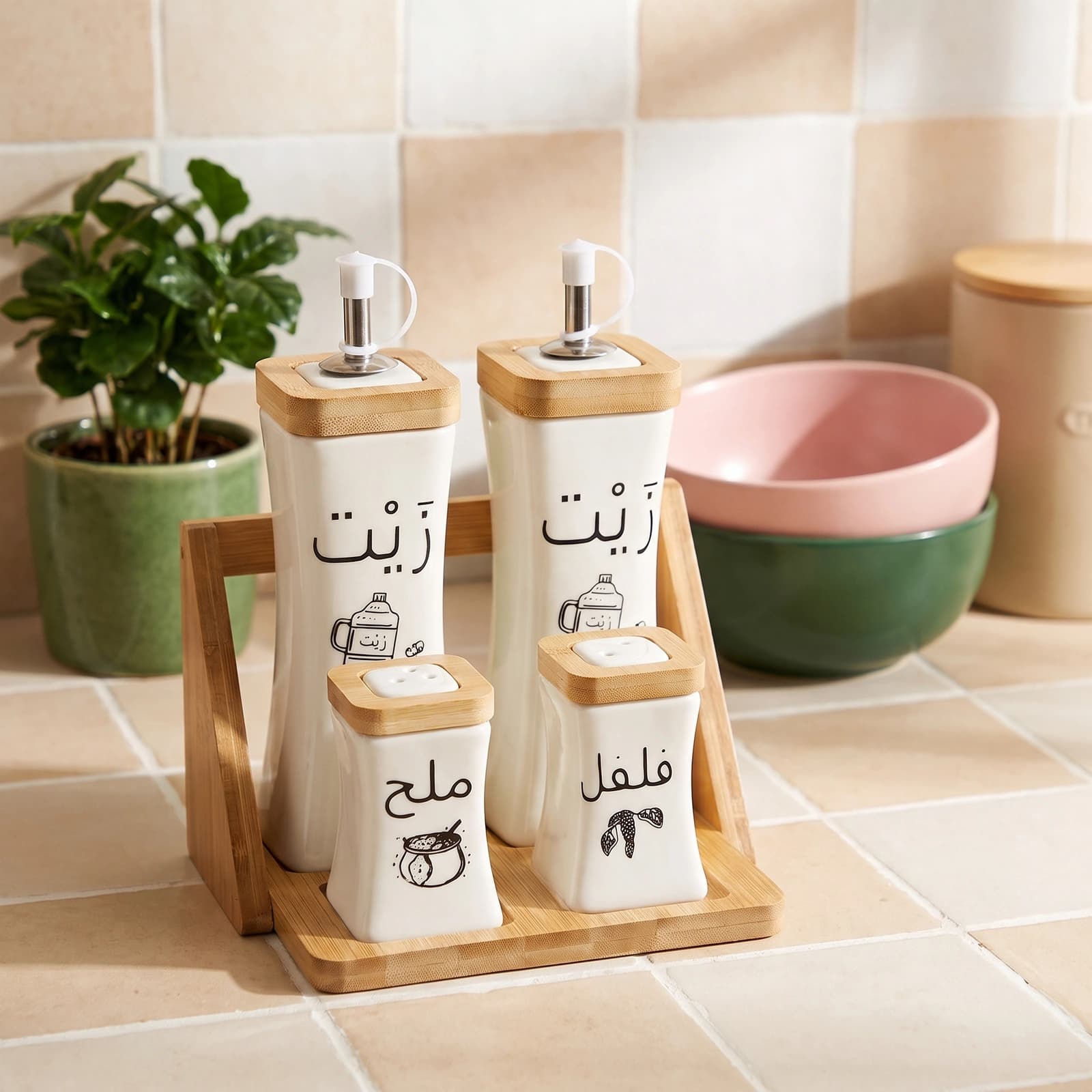 Set of four white porcelain oil and seasoning dispensers with wooden lids and a wooden tray, labeled in Arabic.