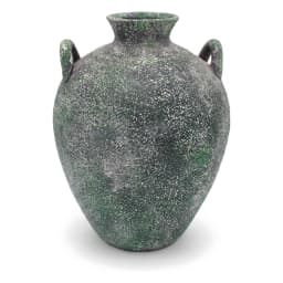 Single distressed green porcelain decorative vase with two small handles on a white background, showing textured finish. - view 2