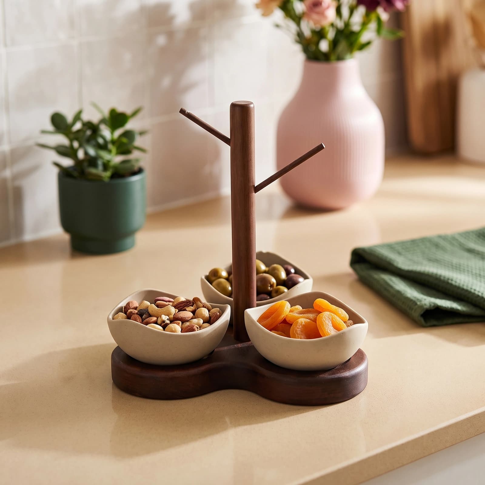 Dark brown wooden serving stand with three light beige porcelain bowls, wavy shape, on a white background.