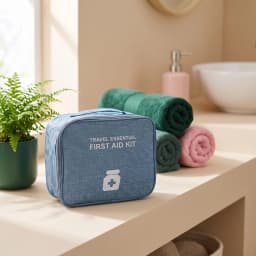 Light blue fabric first aid kit bag with "TRAVEL ESSENTIAL FIRST AID KIT" text and a white medical bottle icon. - view 1