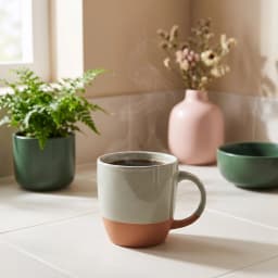 Single ceramic mug with a light green top and a terracotta bottom, on a white shelf. - view 1