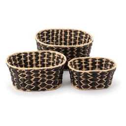 Set of three oval Khous storage baskets in black and natural beige woven pattern, stacked on a white background. - view 2