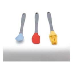 Three silicone kitchen utensils with grey handles and colorful heads: a blue spoon, a red spatula, and a yellow basting brus… - view 2