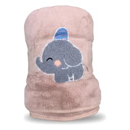 Single pink microfiber towel with a small blue and grey elephant design, hanging against a white background. - view 3