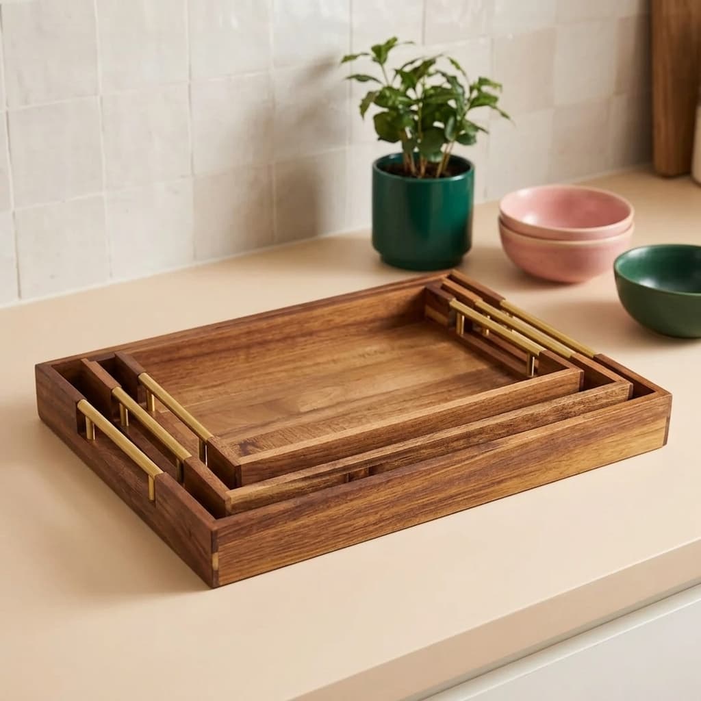 Set of 3 Wooden Serving Trays with Gold Handles - Brown