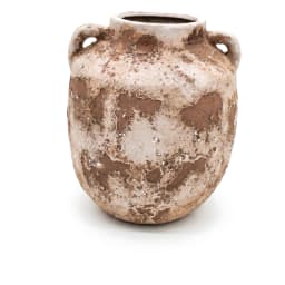 Single distressed off-white and brown porcelain decorative jar with two handles on a white background - view 2